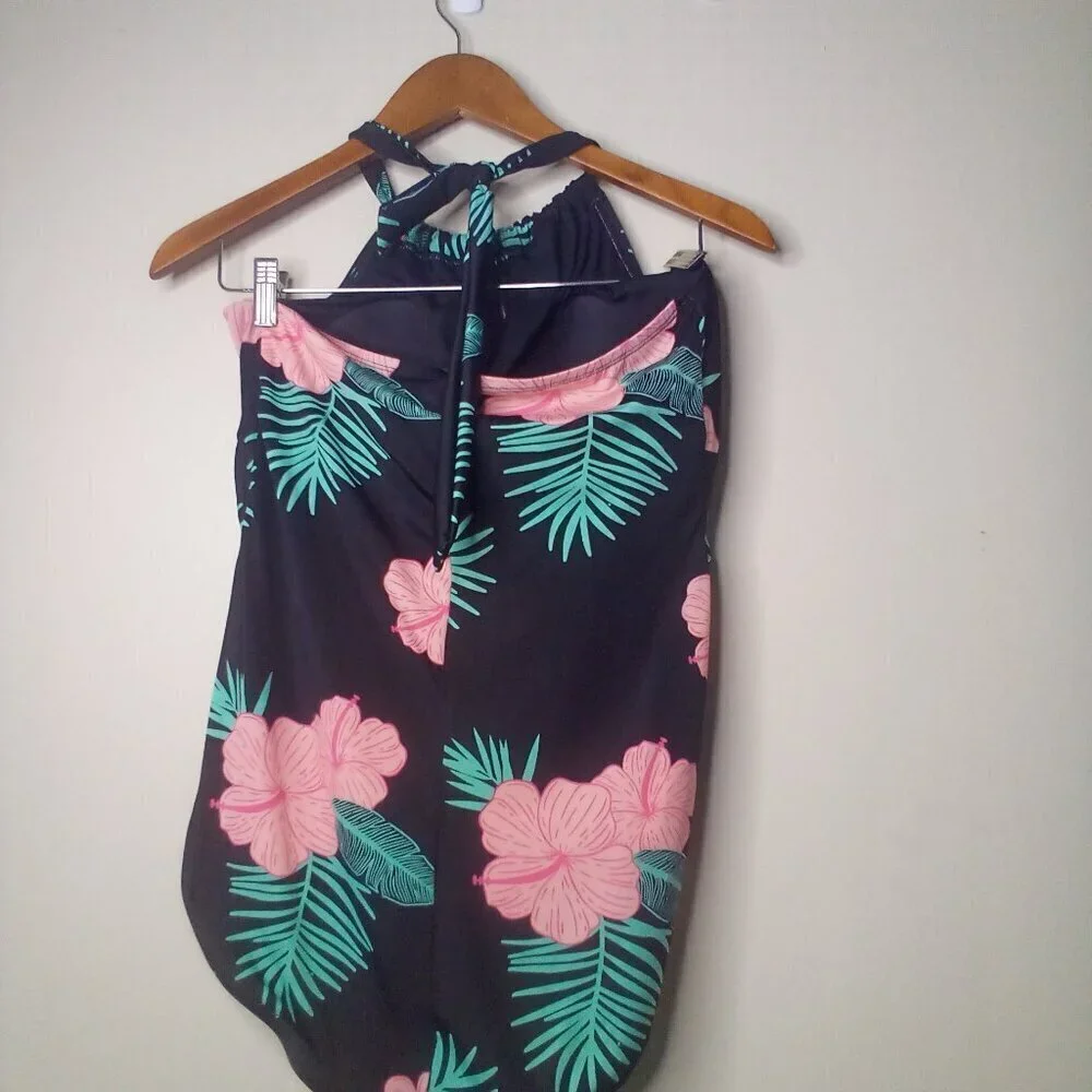 Crane Swimsuit Women XL One Piece Halter Floral Tropical Black Green Pink